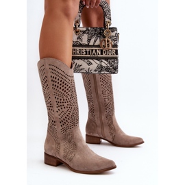 Zazoo 3305/P Bottes Cappucino ajourées mi-mollet en daim beige 5