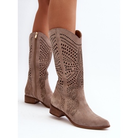 Zazoo 3305/P Bottes Cappucino ajourées mi-mollet en daim beige 7