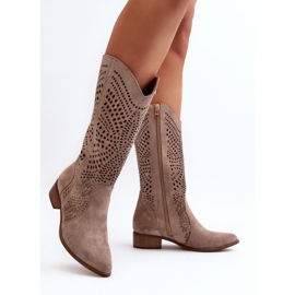 Zazoo 3305/P Bottes Cappucino ajourées mi-mollet en daim beige 8