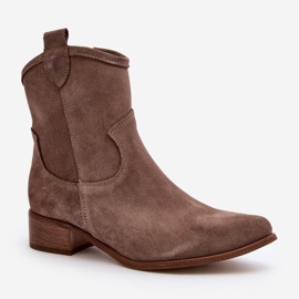 Zazoo 3329 Bottines Cowboy En Daim À Talons Bas Beige Foncé 2