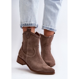 Zazoo 3329 Bottines Cowboy En Daim À Talons Bas Beige Foncé 7