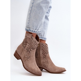 Zazoo 3305 Bottines cowboy ajourées à talon bas pour femme en daim Cappucino beige 4