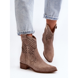 Zazoo 3305 Bottines cowboy ajourées à talon bas pour femme en daim Cappucino beige 8