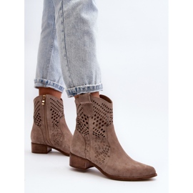 Zazoo 3305 Bottines cowboy ajourées à talon bas pour femme en daim Cappucino beige 9