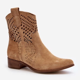 Zazoo 3305/2 Bottines Cowboy Ajourées à Talon Bas Femme Daim Beige 2