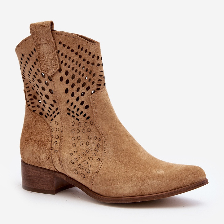 Zazoo 3305/2 Bottines Cowboy Ajourées à Talon Bas Femme Daim Beige 2