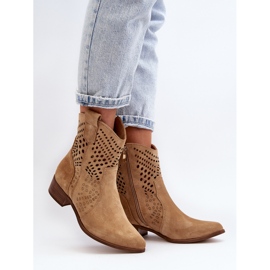 Zazoo 3305/2 Bottines Cowboy Ajourées à Talon Bas Femme Daim Beige 3