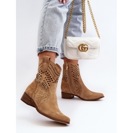 Zazoo 3305/2 Bottines Cowboy Ajourées à Talon Bas Femme Daim Beige 5