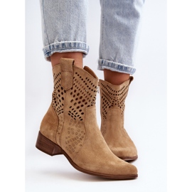 Zazoo 3305/2 Bottines Cowboy Ajourées à Talon Bas Femme Daim Beige 6
