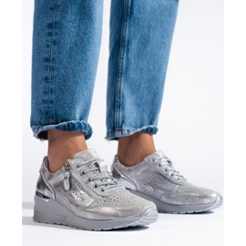 Baskets compensées en cuir argenté 3