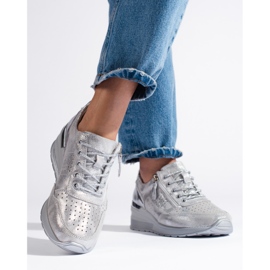 Baskets compensées en cuir argenté 1