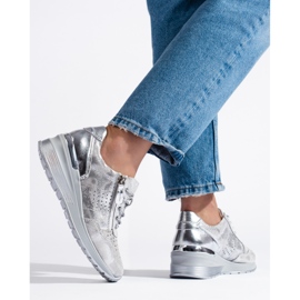 Baskets compensées en cuir argenté 2