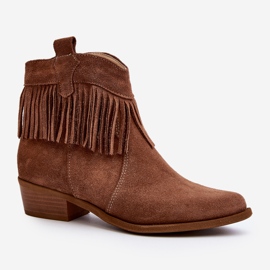 Bottines femme Zazoo 3430 en daim à franges camel brun 1