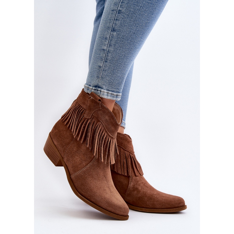 Bottines femme Zazoo 3430 en daim à franges camel brun 2