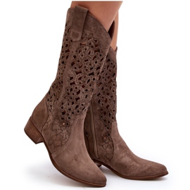 Zazoo 3403 Bottines ajourées à talons bas pour femme, beige foncé 11