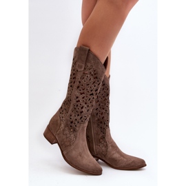Zazoo 3403 Bottines ajourées à talons bas pour femme, beige foncé 5