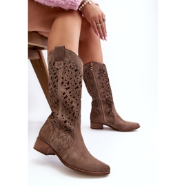Zazoo 3403 Bottines ajourées à talons bas pour femme, beige foncé 1