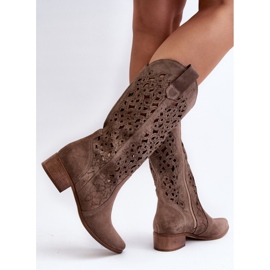 Zazoo 3403 Bottines ajourées à talons bas pour femme, beige foncé 2