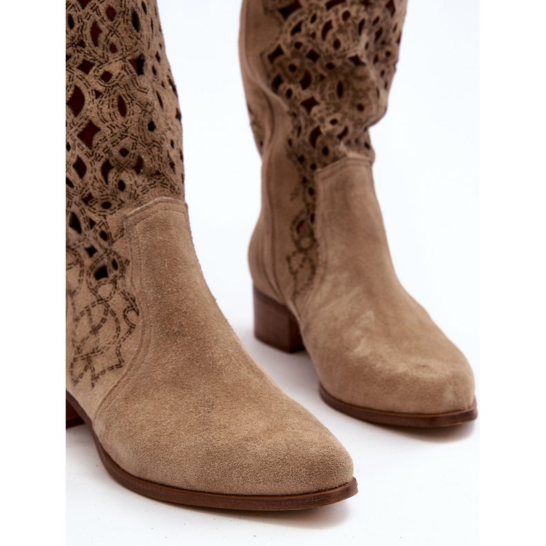 Zazoo 3403 Bottines Ajourées Sur Talons Bas Femme Beige Clair 2