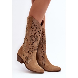 Zazoo Bottines Mi-Mollet Ajourées En Daim 3396 Beige 2