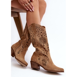 Zazoo Bottines Mi-Mollet Ajourées En Daim 3396 Beige 6