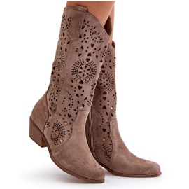 Zazoo Bottines Mi-Mollet Ajourées En Daim 3396 Beige Foncé 9