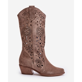 Zazoo Bottines Mi-Mollet Ajourées En Daim 3396 Beige Foncé 2