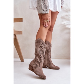 Zazoo Bottines Mi-Mollet Ajourées En Daim 3396 Beige Foncé 4