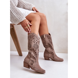 Zazoo Bottines Mi-Mollet Ajourées En Daim 3396 Beige Foncé 8