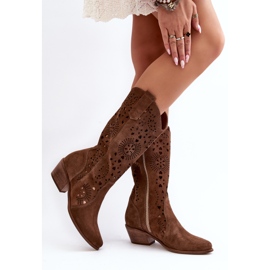Zazoo Bottines Mi-Mollet Ajourées En Daim 3396 Marron brun 5
