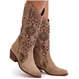 Zazoo Bottines Mi-Mollet Ajourées En Daim 3396 Beige Clair 9