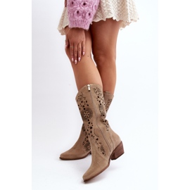 Zazoo Bottines Mi-Mollet Ajourées En Daim 3396 Beige Clair 4