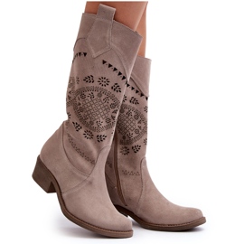 Zazoo 4043 Bottines à Talons Bas Cappucino Ajourées en Daim beige 11
