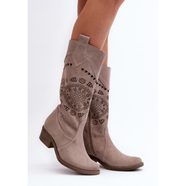 Zazoo 4043 Bottines à Talons Bas Cappucino Ajourées en Daim beige 4