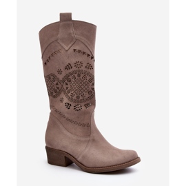 Zazoo 4043 Bottines à Talons Bas Cappucino Ajourées en Daim beige 3