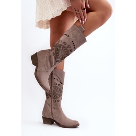 Zazoo 4043 Bottines à Talons Bas Cappucino Ajourées en Daim beige 7