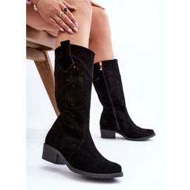 Zazoo 4043 bottes à talons hauts ajourés en daim noir 1