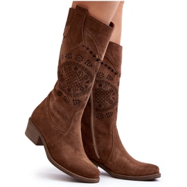 Zazoo Bottines à Talons Bas Ajourées en Daim 4043 Marron brun 11