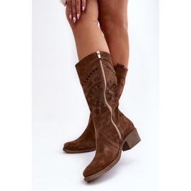 Zazoo Bottines à Talons Bas Ajourées en Daim 4043 Marron brun 7