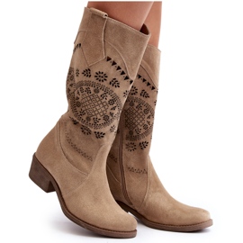 Zazoo 4043 Bottines à talons bas en daim beige ajouré 11