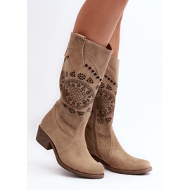Zazoo 4043 Bottines à talons bas en daim beige ajouré 4