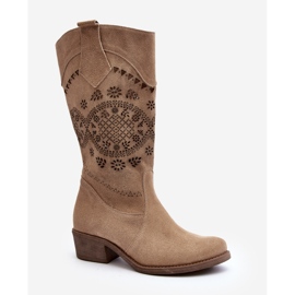 Zazoo 4043 Bottines à talons bas en daim beige ajouré 3