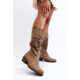 Zazoo 4043 Bottines à talons bas en daim beige ajouré 6