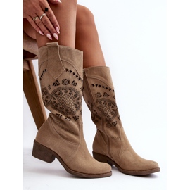 Zazoo 4043 Bottines à talons bas en daim beige ajouré 10