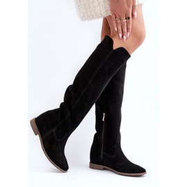 Zazoo 3407 Bottes hauteur genou en daim à talons plats, noir le noir 6