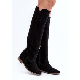 Zazoo 3407 Bottes hauteur genou en daim à talons plats, noir le noir 5