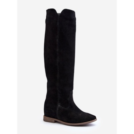 Zazoo 3407 Bottes hauteur genou en daim à talons plats, noir le noir 4