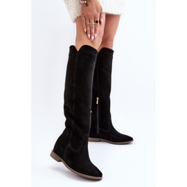 Zazoo 3407 Bottes hauteur genou en daim à talons plats, noir le noir 7