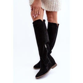 Zazoo 3407 Bottes hauteur genou en daim à talons plats, noir le noir 11