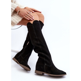 Zazoo 3407 Bottes hauteur genou en daim à talons plats, noir le noir 1